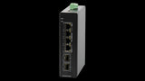 BDCOM IS200-2S4P industrial switch: 4 Gigabit PoE+ ports, 2 SFP ports, managed, metal housing, DIN-Rail mount for reliable network connectivity.