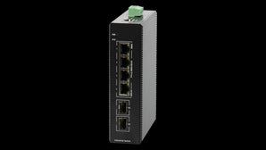 BDCOM IS200-2S4P industrial switch: 4 Gigabit PoE+ ports, 2 SFP ports, managed, metal housing, DIN-Rail mount for reliable network connectivity.