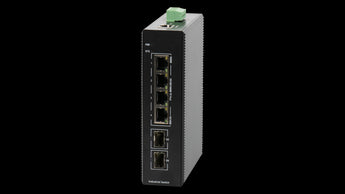 BDCOM IS200-2S4P industrial switch: 4 Gigabit PoE+ ports, 2 SFP ports, managed, metal housing, DIN-Rail mount for reliable network connectivity.