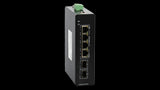 BDCOM IS200-2S4P industrial switch: 4 Gigabit PoE+ ports, 2 SFP ports, managed, metal housing, DIN-Rail mount for reliable network connectivity.