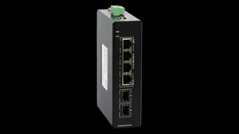 BDCOM IS200-2S4P industrial switch: 4 Gigabit PoE+ ports, 2 SFP ports, managed, metal housing, DIN-Rail mount for reliable network connectivity.