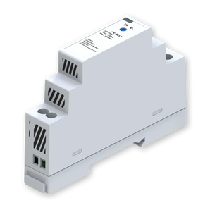 Teltonika 15W DIN Rail Power Supply. Converts 90-264VAC to 24VDC for industrial devices using a 35mm DIN rail mount.