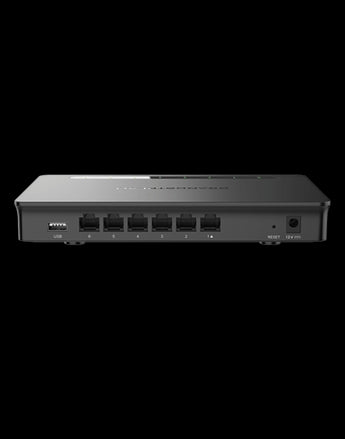 Grandstream GWN7001 VPN Router. Six Gigabit Ethernet ports, including PoE input and two PoE output ports for small to medium businesses.