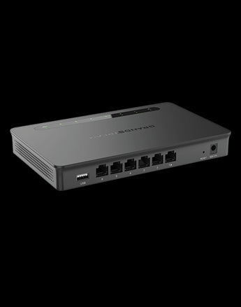 Grandstream GWN7001 VPN Router. Six Gigabit Ethernet ports, including PoE input and two PoE output ports for small to medium businesses.