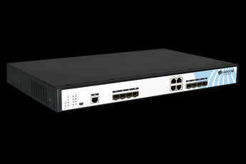 BDCOM 4 Port EPON OLT Headend with dual AC power supplies. Rack-mounted, featuring EPON, Gigabit Ethernet, and SFP+ ports.