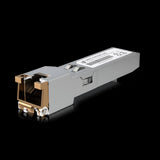 Ubiquiti UB-UF-RJ45-MG: A silver SFP+ to RJ45 adapter enabling 10/5/2.5GbE connections for high-speed networking.