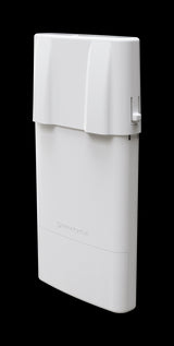 MikroTik NetBox 5 ax outdoor WiFi 6 router in a weatherproof enclosure with RP-SMA connectors for flexible antenna options.