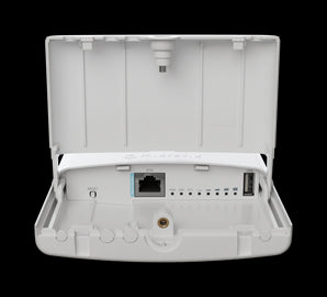 MikroTik NetBox 5 ax outdoor WiFi 6 router in a weatherproof enclosure with RP-SMA connectors for flexible antenna options.