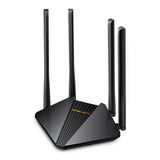 Mercusys AC1200 MRC-MR30G: A black dual-band WiFi gigabit router with four external antennas for enhanced wireless coverage.