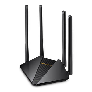 Mercusys AC1200 MRC-MR30G: A black dual-band WiFi gigabit router with four external antennas for enhanced wireless coverage.