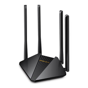 Mercusys AC1200 MRC-MR30G: A black dual-band WiFi gigabit router with four external antennas for enhanced wireless coverage.