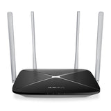 Mercusys AC1200 dual band WiFi router. Black rectangular router with four external antennas for enhanced wireless coverage.