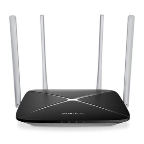 Mercusys AC1200 dual band WiFi router. Black rectangular router with four external antennas for enhanced wireless coverage.