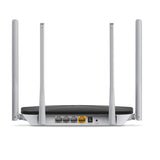 Mercusys AC1200 dual band WiFi router. Black rectangular router with four external antennas for enhanced wireless coverage.