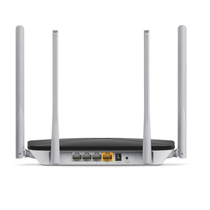 Mercusys AC1200 dual band WiFi router. Black rectangular router with four external antennas for enhanced wireless coverage.