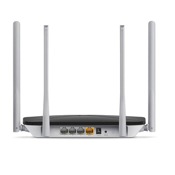Mercusys AC1200 dual band WiFi router. Black rectangular router with four external antennas for enhanced wireless coverage.