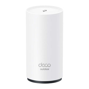 TP-Link Deco X50-Outdoor: White, weather-resistant mesh WiFi 6 unit with dual Gigabit PoE ports for indoor/outdoor whole home coverage.