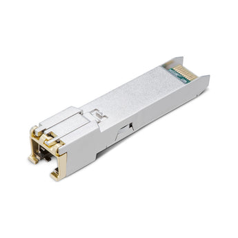 TP-Link TL-SM331T, a metal-cased 1000BASE-T RJ45 SFP module, connecting SFP interface to copper Gigabit Ethernet port for up to 100m.