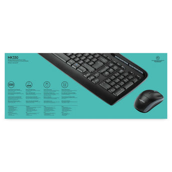 Logitech MK330 wireless keyboard and mouse combo with hotkeys for music, volume, and web access.