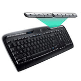 Logitech MK330 wireless keyboard and mouse combo with hotkeys for music, volume, and web access.