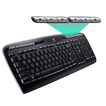 Logitech MK330 wireless keyboard and mouse combo with hotkeys for music, volume, and web access.