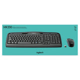 Logitech MK330 wireless keyboard and mouse combo with hotkeys for music, volume, and web access.