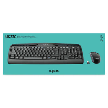 Logitech MK330 wireless keyboard and mouse combo with hotkeys for music, volume, and web access.