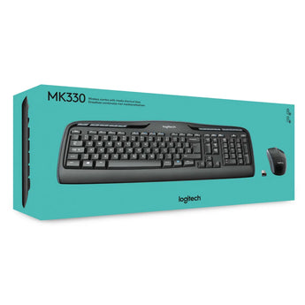 Logitech MK330 wireless keyboard and mouse combo with hotkeys for music, volume, and web access.