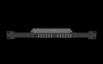 MikroTik RB4011iGS-RM rack-mount router with 10 Gigabit Ethernet ports and one 10Gbps SFP+ port. Features a quad-core processor.