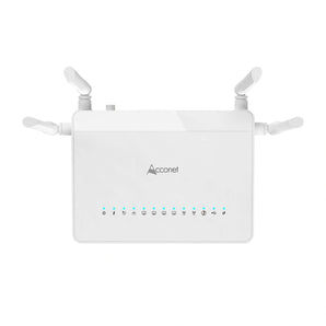 Acconet WiFi 5 xPON ONU/ONT with 4 Gigabit LAN ports and two external antennas, ideal for fibre internet and EasyMesh networks.