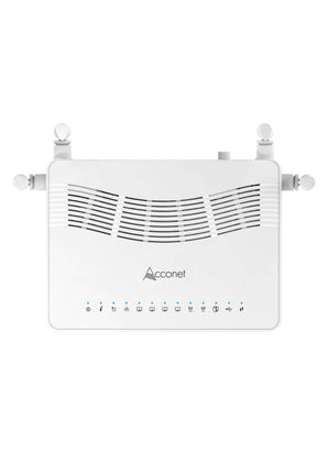Acconet WiFi 6 xPON ONU/ONT. A white modem with four gigabit ports and Wi-Fi 6 for high-speed wireless and wired connections.
