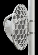 MikroTik LHGG LTE CAT 6 outdoor CPE unit mounted on a pole, providing long-range wireless internet access.