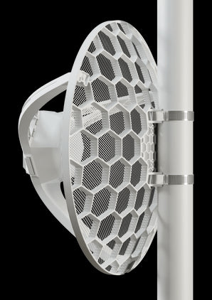 MikroTik LHGG LTE CAT 6 outdoor CPE unit mounted on a pole, providing long-range wireless internet access.