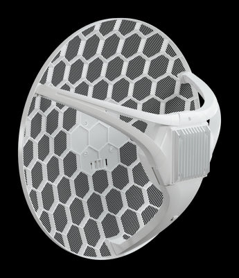 MikroTik LHGG LTE CAT 6 outdoor CPE unit mounted on a pole, providing long-range wireless internet access.