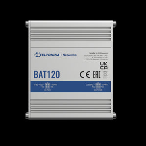 Teltonika BAT120 uninterruptible power supply in aluminum housing. Provides 12V DC backup power for Teltonika network devices.