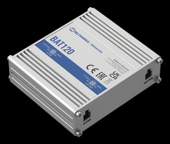 Teltonika BAT120 uninterruptible power supply in aluminum housing. Provides 12V DC backup power for Teltonika network devices.