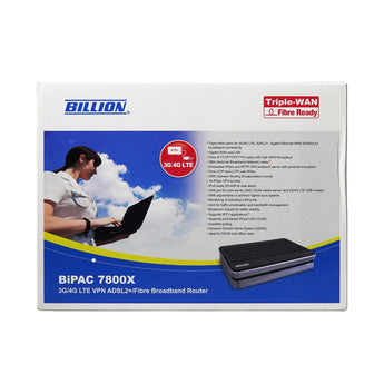 BILLION BiPAC 7800NX router. Black casing with multiple Ethernet ports and antennas, supporting Wireless-N, ADSL2+, and fibre connections.