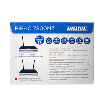 Billion B-7800NZ-4G Wi-Fi DSL Modem Router with 4G LTE support, providing internet connectivity for homes and small businesses.