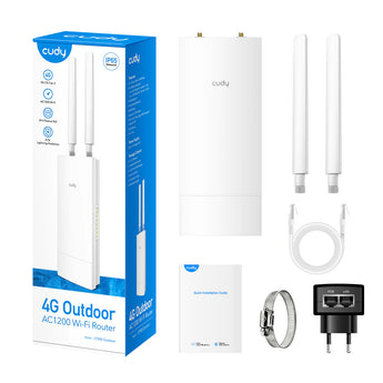 Cudy LT500 Outdoor 4G router. Dual-band WiFi 5, pole/wall mountable, IP65 weatherproof, with SIM slot and PoE support.