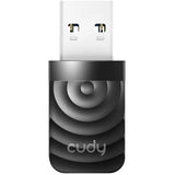 Cudy WU1300S Wi-Fi 5 USB adapter. Black adapter plugged into a USB port, showing dual-band 1300Mbps wireless connectivity.