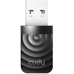 Cudy WU1300S Wi-Fi 5 USB adapter. Black adapter plugged into a USB port, showing dual-band 1300Mbps wireless connectivity.