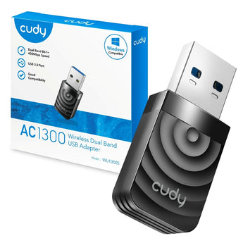 Cudy WU1300S Wi-Fi 5 USB adapter. Black adapter plugged into a USB port, showing dual-band 1300Mbps wireless connectivity.
