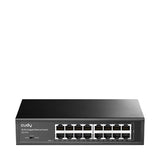 Cudy GS1016 16-Port Gigabit switch in a rack-mountable metal housing, providing fast and efficient network connectivity. Fanless design.