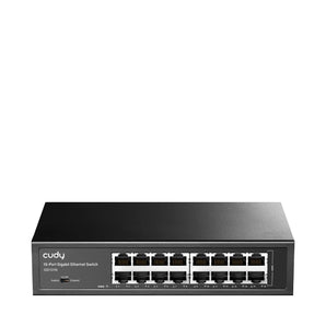 Cudy GS1016 16-Port Gigabit switch in a rack-mountable metal housing, providing fast and efficient network connectivity. Fanless design.
