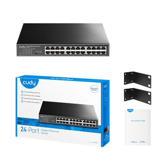 Cudy GS1024: 24-port Gigabit unmanaged desktop switch with fanless design, providing fast Ethernet connectivity and VLAN security.