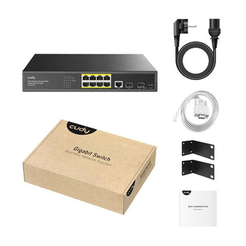Cudy GS2008PS2: 8-port Gigabit PoE switch with 2 SFP ports. Rack-mountable, fanless design, providing reliable power and data connectivity.