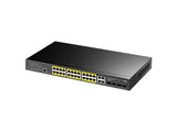 Cudy GS2028PS4-400W 24-Port Gigabit PoE switch. Rack-mounted, fanless, with 4 Gigabit combo ports and 4 SFP ports for efficient network management.