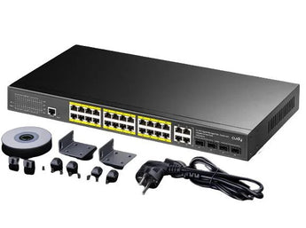 Cudy GS2028PS4-400W 24-Port Gigabit PoE switch. Rack-mounted, fanless, with 4 Gigabit combo ports and 4 SFP ports for efficient network management.