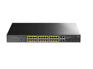 Cudy GS2028PS4-400W 24-Port Gigabit PoE switch. Rack-mounted, fanless, with 4 Gigabit combo ports and 4 SFP ports for efficient network management.
