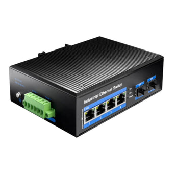 Cudy IG1004S2: 4-port Gigabit industrial switch with 2 SFP ports, metal housing, wide temperature range, and dual power inputs.